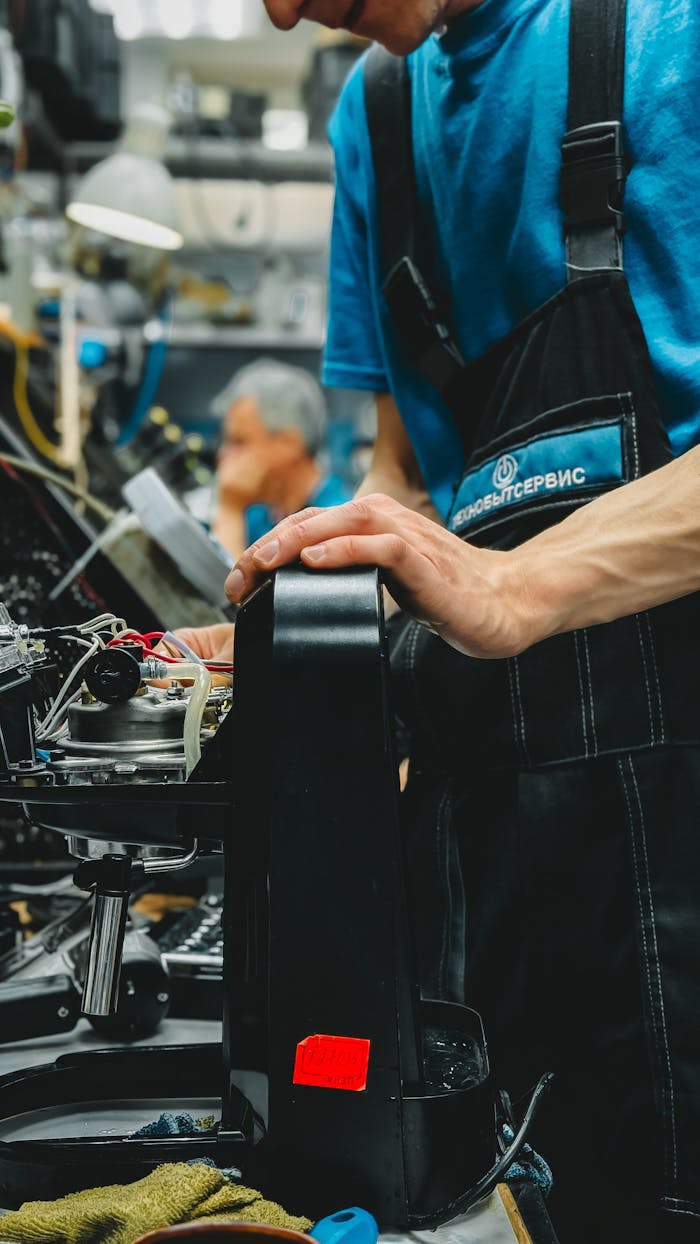 brand-02 Technician repairing a coffee machine in an industrial workshop with precision.